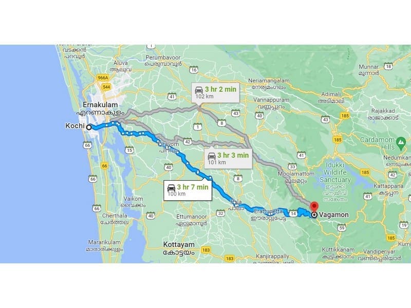 Kochi to Vagamon RouteMap