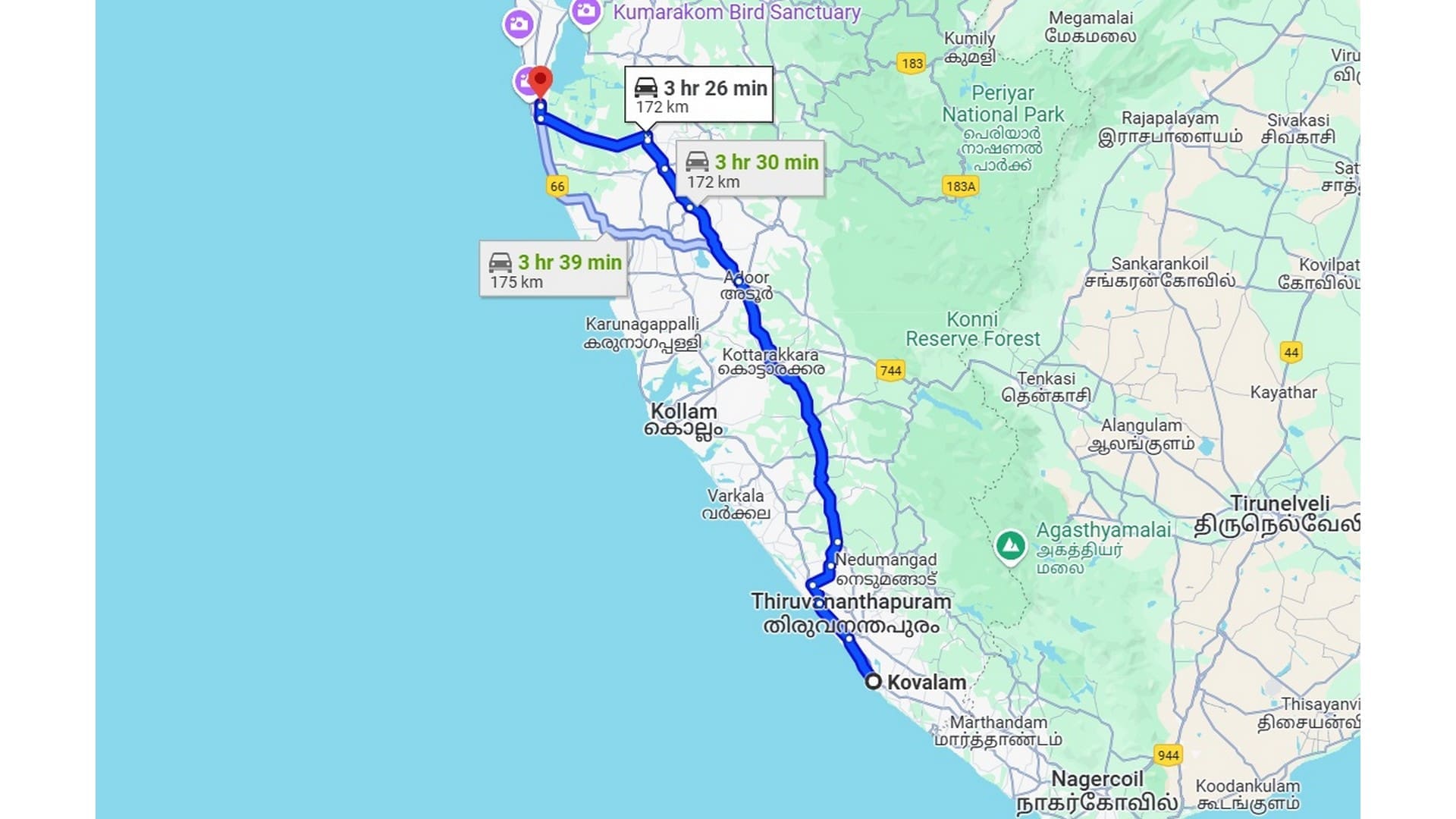 How to travel from kovalam to alleppey distance taxi fare bus