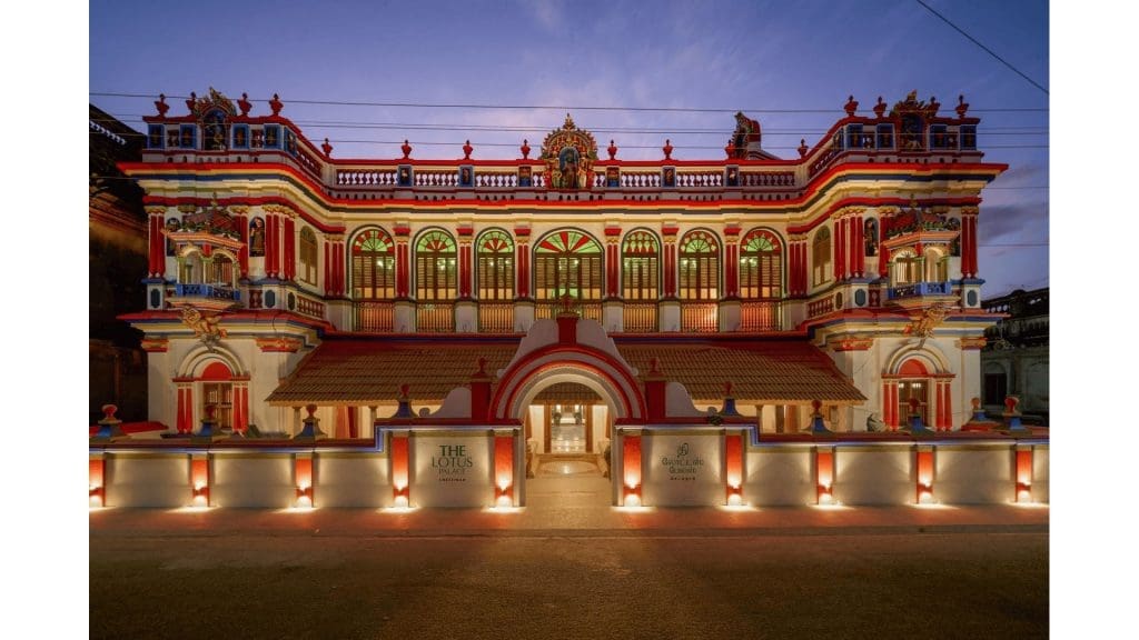 Grand exterior of Kanadukathan Palace showcasing traditional Chettinad architecture